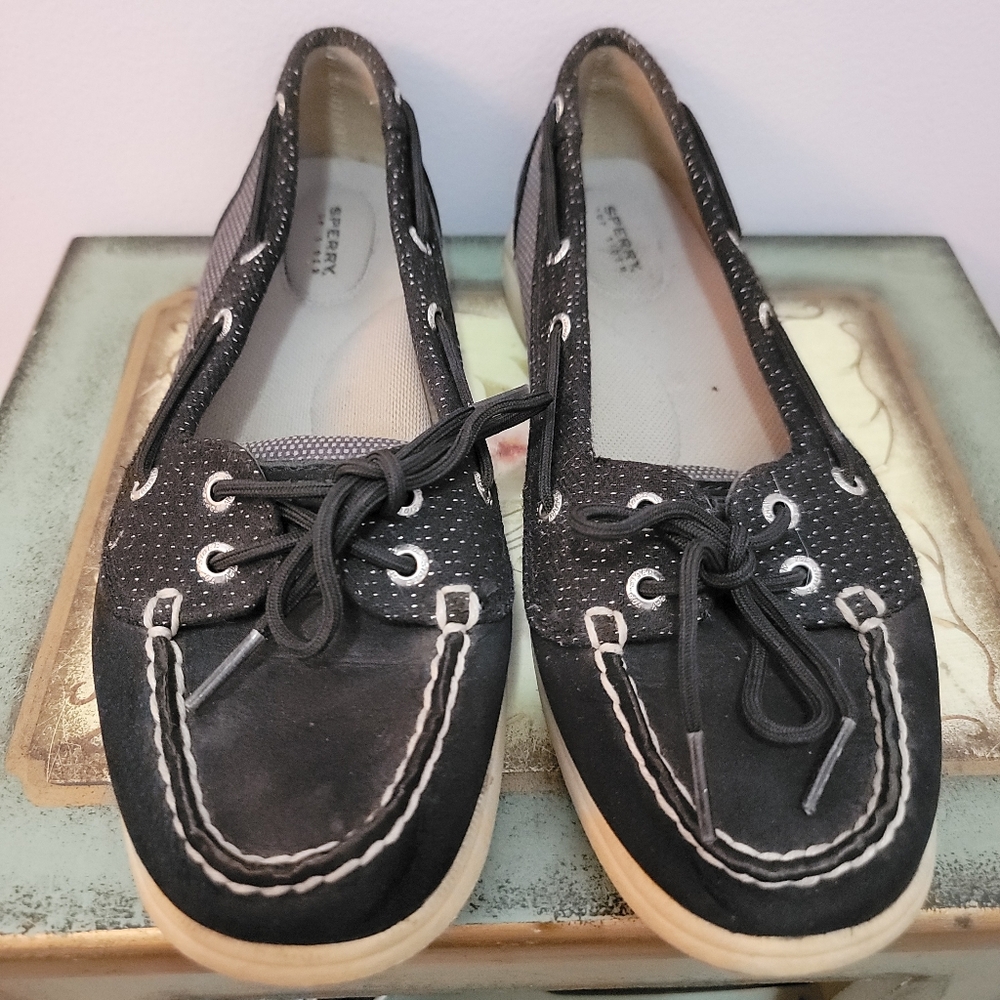 Sperry Black Suede and Canvas  with Metallic Threading Size 7